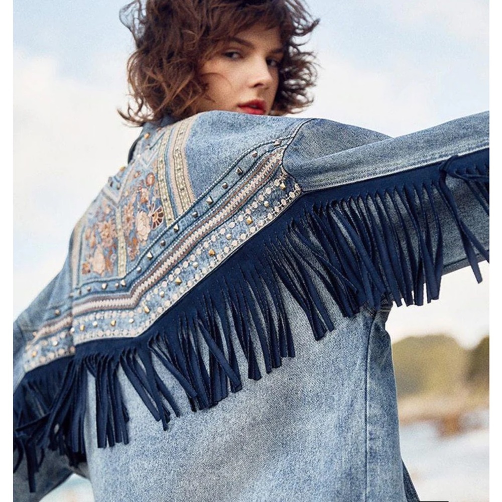 Fringed Denim Jacket with Embroidered Detail